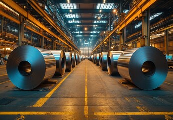 Large metal rolls in an industrial warehouse, showcasing manufacturing processes, bright lighting, and organized storage on the production floor