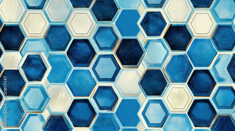 Poster a seamless geometric blue pattern with hexagons and contrasting shades.