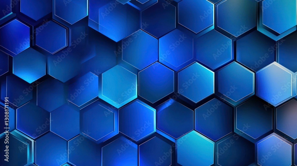 Poster a seamless geometric blue pattern with hexagons and contrasting shades.