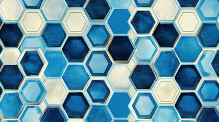 Obraz premium A seamless geometric blue pattern with hexagons and contrasting shades.