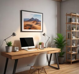 Minimalist workspace with a wooden desk in a quiet room, calm focus, blank paper
