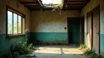 Sunlit Room in an Abandoned Building, Overgrown with Nature's Resilience