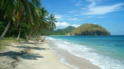 Fototapeta premium A group of palm trees lining a sandy beach with turquoise waters in the distance.