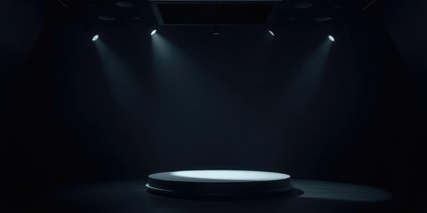 Moody darkened room with a single spotlight shining on a futuristic podium, shadow, dramatic