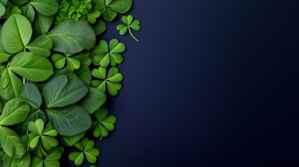 Lush Green Shamrocks   Leaves on Dark Background  St  Patrick s Day  Irish Holiday  Copy S