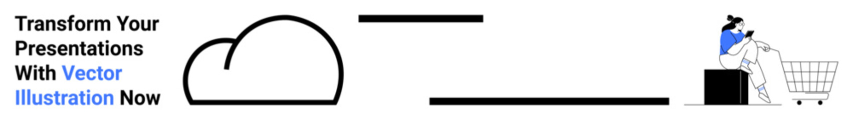 Cloud graphic, person pushing a shopping cart, light design. Ideal for e-commerce, cloud storage, online business, technology, digital transformation, innovation flat landing page banner