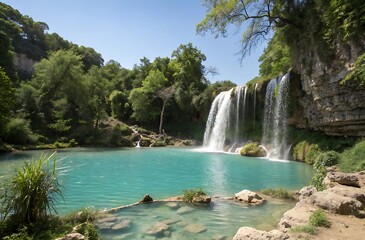 Fototapeta premium Turquoise lagoon with waterfall, natural landscape, scenic beauty, tranquil water, lush greenery, rocky cliffs, clear sky, peaceful environment, outdoor nature.