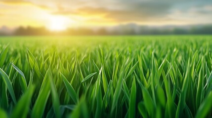Fototapeta premium Golden sunset meadow, vibrant green grass landscape at twilight,nature photography background