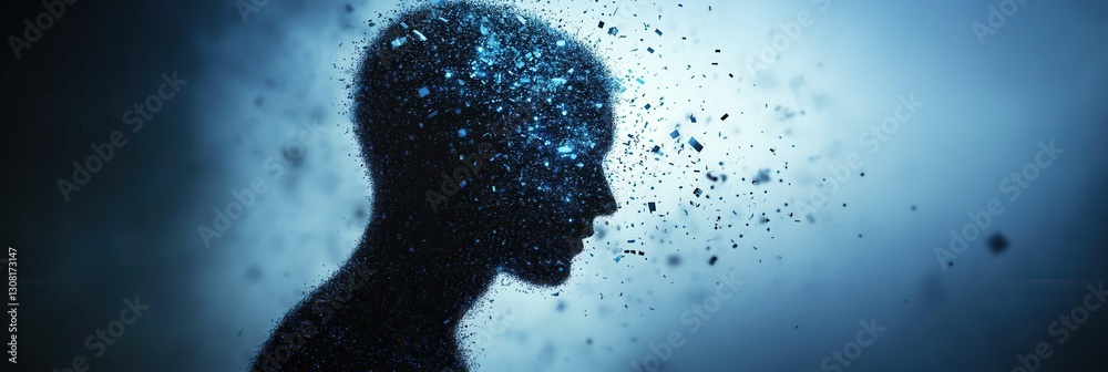 Poster futuristic portrayal of artificial intelligence in politics with abstract particles forming a human 