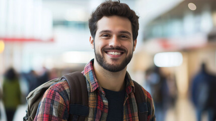 Fototapeta premium Latin man, with backpack, smiling, walking among blurry campus