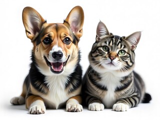 Obraz premium Corgi Dog and Tabby Cat Lying Down Together on White Background