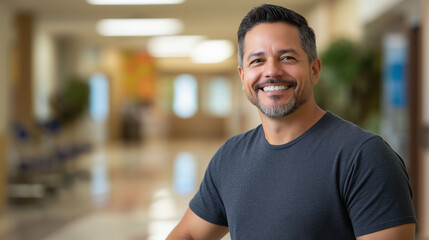 Fototapeta premium Latin man, smiling, with blurred background of building hallway