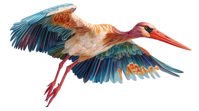 Detailed illustration of a stork in png format with transparent background for wildlife and nature design projects. - Powered by Adobe