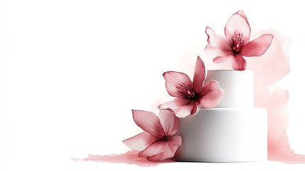 a wedding cake with floral decorations, elegant celebration, pastel watercolor, isolated on white background