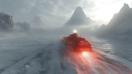 Red spaceship travels through a frozen alien landscape