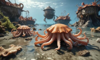 Naklejka premium Octopuses crawling over the surface of conch-shaped traps in search of food or shelter, marine life, sea creatures, cephalopod
