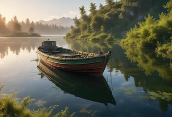 Old fishing boat anchored in a quiet lake with algae-covered hull , weathered wood, lake tranquility