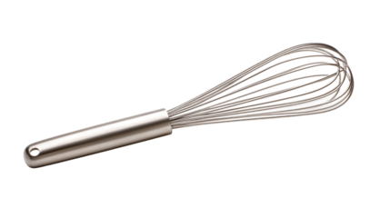 High-quality stainless steel whisk isolated on transparent background for culinary creations and professional kitchen tools design in cooking and baking projects.