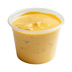 clear plastic cup of cheese sauce isolated on transparent white background, clipping path