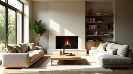 Fototapeta premium Serene living room interior design featuring a modern fireplace, comfortable sofas, and built-in shelving