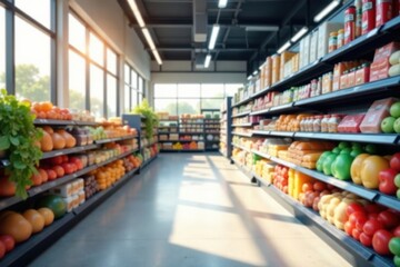 Sunlit Aisles of Fresh Produce and Groceries in a Modern Supermarket