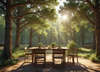Obraz premium Outdoor dining area under pine tree canopy in forest during spring season, tranquil scene, picnic scene, picnic bench, scenic, outdoor furniture