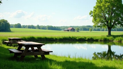 Obraz premium Peaceful Picnic by the Pond Serene Rural Landscape with Wooden Tables and Lush Greenery
