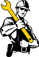A bold and detailed illustration of a construction worker wearing a safety helmet and tool belt while firmly holding a large wrench. 