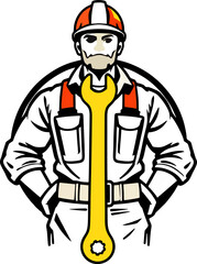 A powerful illustration of a construction worker wearing safety gear, with a large wrench symbol integrated into the design.