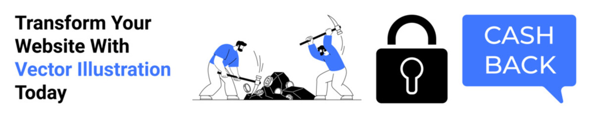 Workers hammering rocks, a secure padlock, and cashback symbol represent hard work, security, and rewards. Ideal for industry, security, rewards, business growth e-commerce technology flat landing
