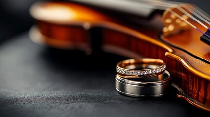 Wedding bands placed on a violin, music and romance theme, 3D illustration