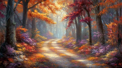 Fototapeta premium Autumn Forest Path with Vibrant Colors and Sunlight
