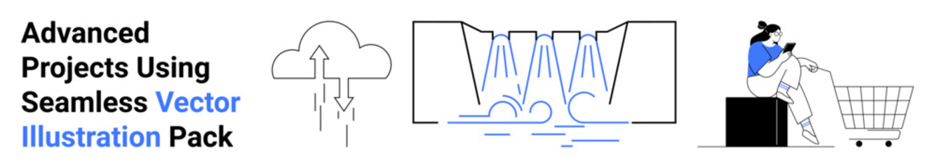 Cloud and data transfer, stylized waterfall symbolizing processes, person shopping online via mobile. Ideal for technology, innovation, e-commerce, process management, SaaS products, workflow flat