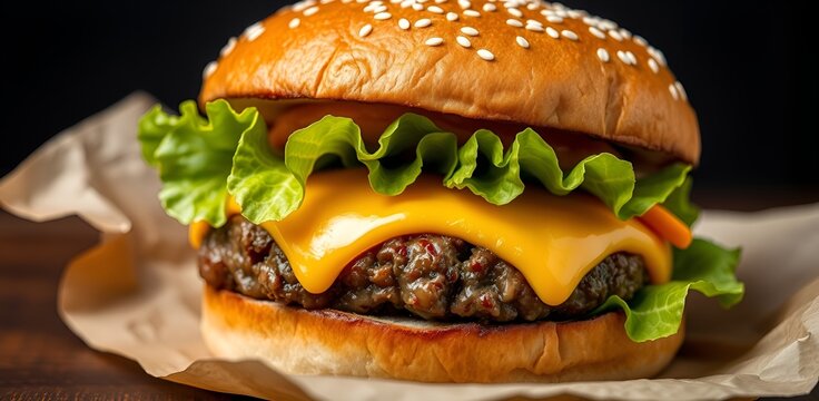 A delicious cheeseburger served on a sesame seed bun, set against a dark background