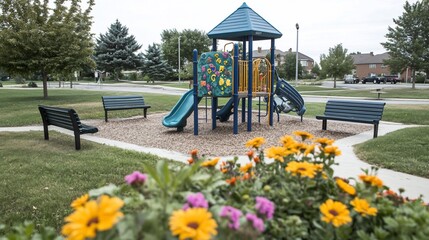 Suburban playground, kids' playset, flowers, homes