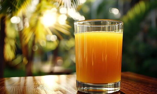Jus jeruk segar yang dijemur di bawah sinar matahari di luar ruangan menampilkan energi tropis