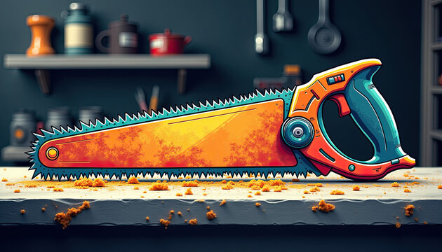 Handsaw creating trail of sawdust on workshop surface for woodworking instruction and DIY guides