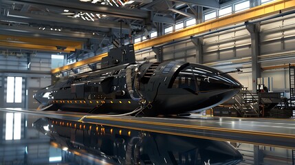 Obraz premium Advanced Submarine Design in a Modern Marine Facility with Reflections on Water Surface