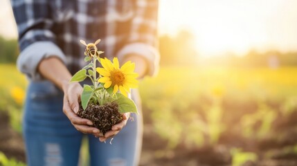 Woman's hands gently holding a young sunflower plant with soil, in a field at sunset.