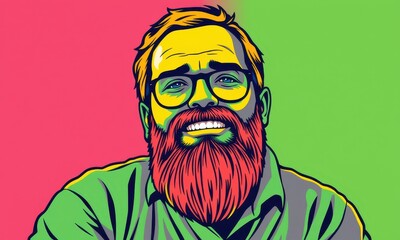 Obraz premium Colorful Digital Art of a Bearded Man with Glasses Smiling Against a Vibrant Dual-Toned Background in a Pop Art Style Aesthetic