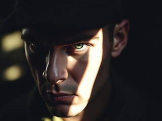 Fototapeta premium Close up of intense male eye under military cap in dramatic lighting, intense, close up
