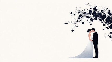 a bride and groom under a floral arch, romantic wedding moment, vector illustration, pastel tones, isolated on white background