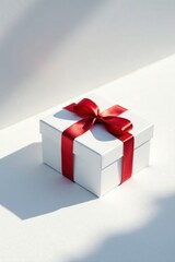 Fototapeta premium A pristine white gift box adorned with a vibrant red ribbon, casting a gentle shadow on a bright surface.