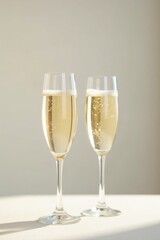 Two elegant champagne flutes filled with sparkling wine, bathed in soft sunlight on a pristine white surface