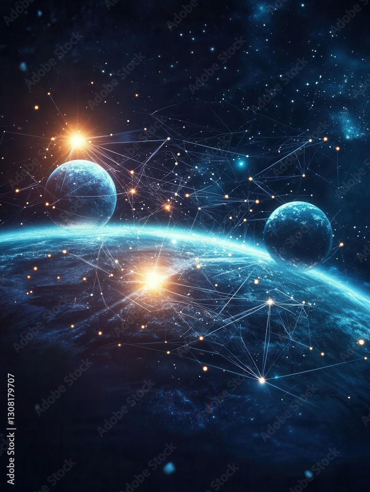 Aufkleber Cosmic landscape featuring planets and glowing symbols connected by lines in deep blue nebula