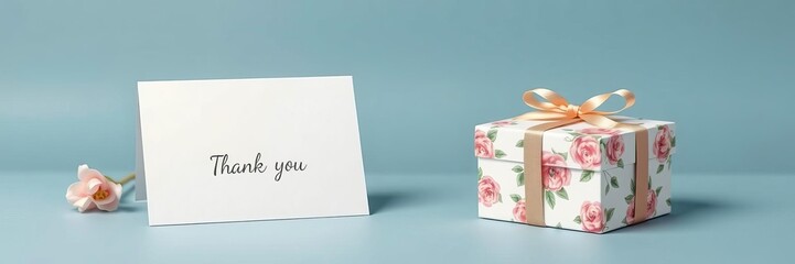 Blank card mockup in a gift box display with floral accents, elegance, thank you