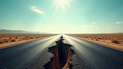 A Sun-Drenched Highway Severed by a Deep Crack in the Arid Landscape