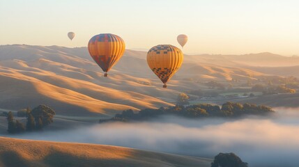 Obraz premium Hot Air Balloons Soaring Over Foggy Valley at Sunrise