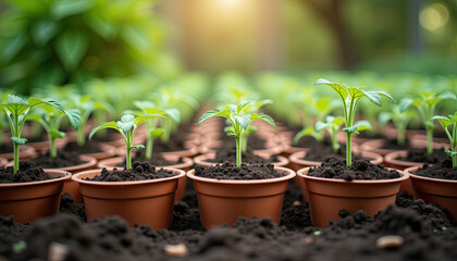 Rows of Seedlings in Pots for Garden Planning and Sustainable Agriculture Blogs