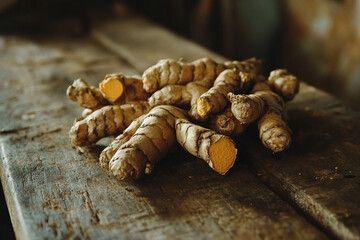 Raw turmeric roots on table